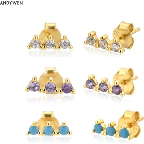 ANDYWEN 925 Sterling Silver Gold Three Zircon Crystal CZ Stud Earrings Piercing Ohrringe Pendientes Circle Europeans Jewels