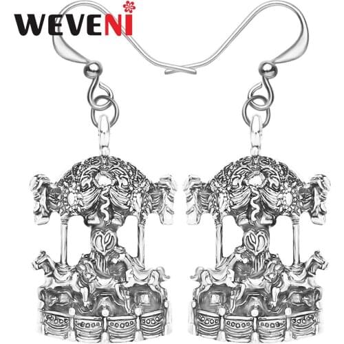 WEVENI Plated Alloy Antique Gold Carrousel Horse Earrings Realistic Cute Animal Drop Dangle Jewelry For Girl Lover Fashion Gift