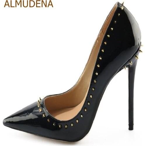 ALMUDENA Sexy Black Shiny Patent Leather Pointy Toe Pumps Rivets Stiletto Heels Nightclub Girls Dress Shoes Trendy Wedding Pumps