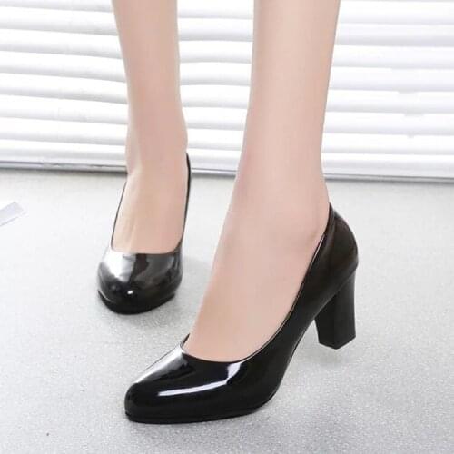 Womens 7CM Professional Shallow Mouth Pumps Female with Round Head Slip Black Thick High Heels Work Female Shoes