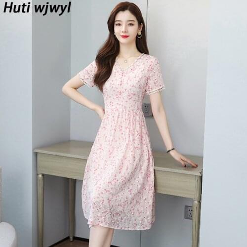 Summer Vintage Floral Chiffon Boho Beach Midi Dress 2021 Korean Plus Size Pink Sweet Sundress Women Bodycon Party Chic Vestidos