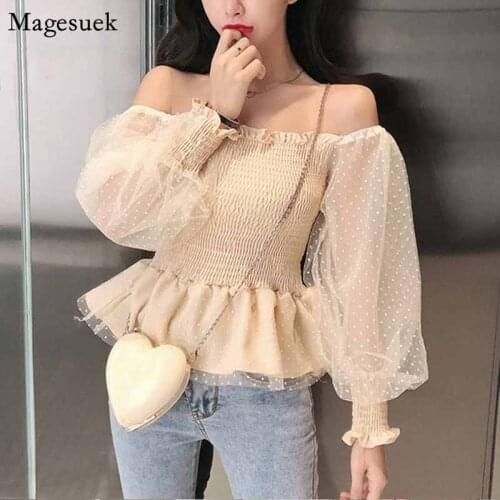 Autumn Vintage Polka Dot Mesh Slash Neck Lantern Long Sleeve Womans Blouse Waist Hugging Womans Shirts New Top Female 10546