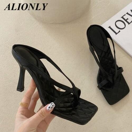 ALIONLY New High Heels Slippers for Women 2021 Summer Sexy Square Toe Clear Sandals Slippers Flips Flops Shoes