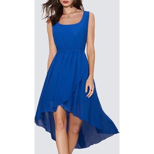Women Summer Elegant Solid Color Scoop Neck Sleeveless Asymmetric Hem Swing Flowy Chiffon Dress 1H397