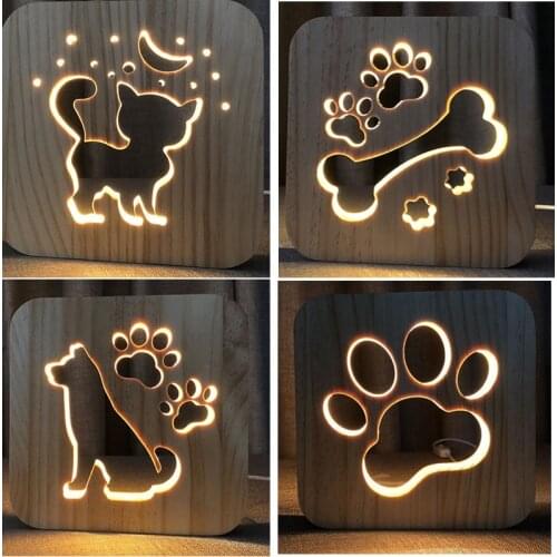 3D Wooden Night Light Dog Paw Cat Animal Lamp Creative Wood Carving USB Charging Children' Desk Table Lamp for Kids Baby Gift