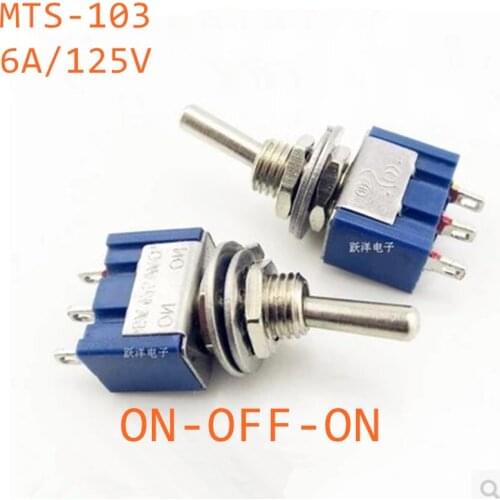 50pcs ON-OFF-ON 3 Pin 3 Position Mini Latching Toggle Switch AC 125V/6A 250V/3A MTS-103 BLUE
