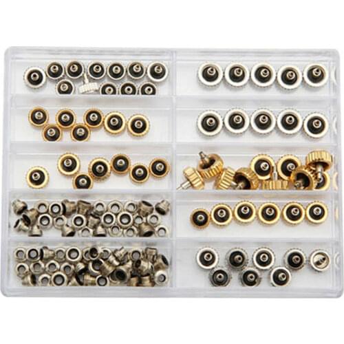 60PCS Durable Watch Crown Spare Replacement Metal Mixed Watch Stem Crown Repair Parts Assortment Set 5.3mm 6.0mm 7.0mm