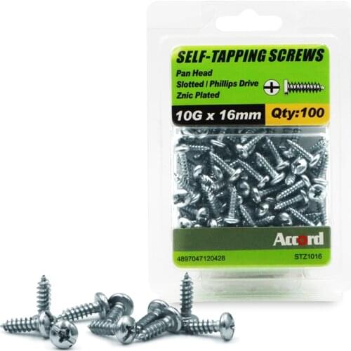 ACCORD 100PCS Self-tapping Screws 10Gx16mm Zinc Plated with storage Box Galvanized Steel Fasteners