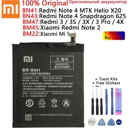 Xiao Mi Original BM45 BM47 BN43 BM22 BN41 Battery For Xiaomi Redmi 3 3S 3X 4 Note 2 Note 4 4X MTK 625 MI 5 Original Batteries