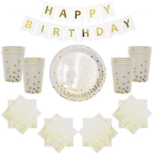 Girls white theme birthday wedding supplies Gold Foil Disposable tableware set paper plates cup Paper towel Party decoration