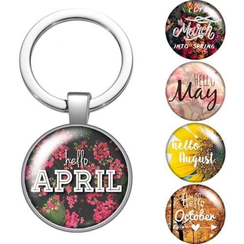 Season 12 months April March glass cabochon keychain Bag Car key chain Ring Holder Charms silver color keychains for Women Gift