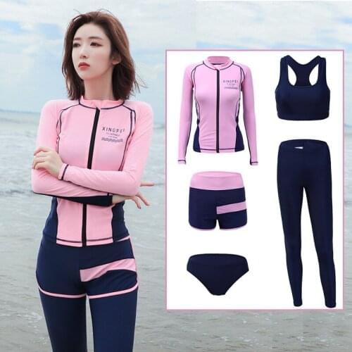 Women 5pcs Rash Guards Long Sleeve Zipper Shirt Leggings & Bikini Surfing Bathing Suit Swimsuit UPF 50 Fitness Running Tracksuit