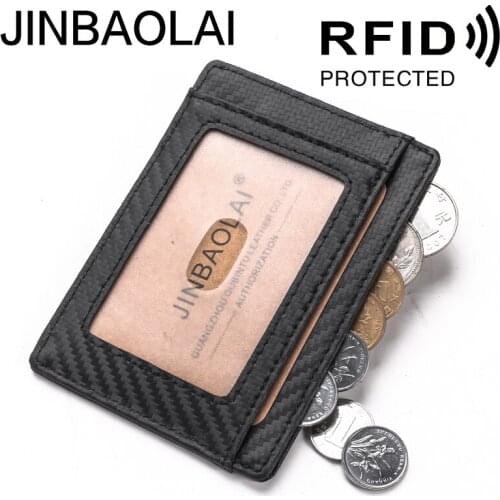 JINBAOLAI Men Card Holder Slim Carbon Fiber Credit Card Holder Leather Wallet Anti Scan Function Hold Card Coins Cash Carteira