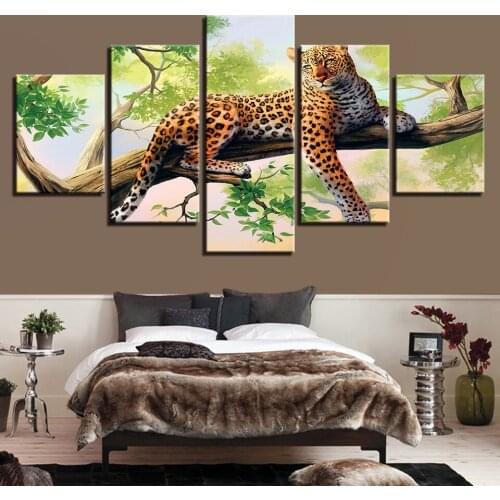 HD Canvas Art Painting For Living Room Wall Decor 5 Pieces Leopard On Tree Picture