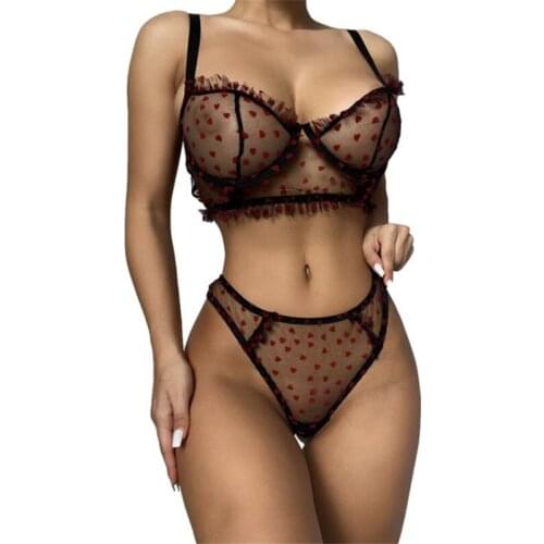 2 Pieces Sexy Lingerie Set Female Heart Patterns See-Through Brassiere Panties Underwear Women Set Sexy Thong for Ladies Girls