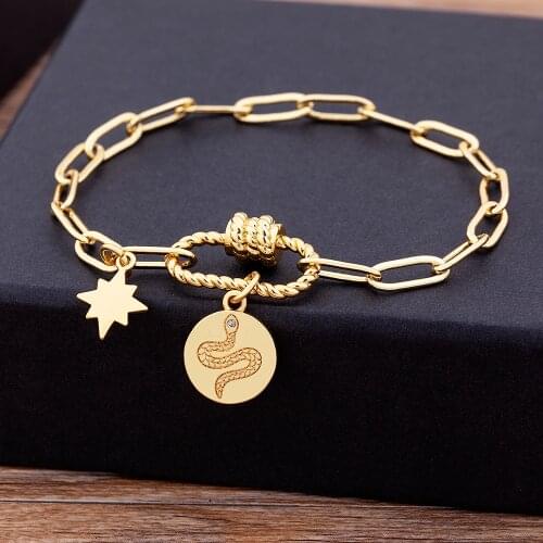 Boho Fashion DIY Copper Zircon Snake Pendant Bracelets For Women Men New Vintage Geometric Gold Link Bangle Party Jewelry Gift