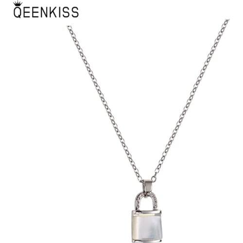 QEENKISS NC708 Fine Jewelry Wholesale Fashion Trendy Woman Girl Birthday Wedding Gift Small Lock Clavicle Pendant Necklace