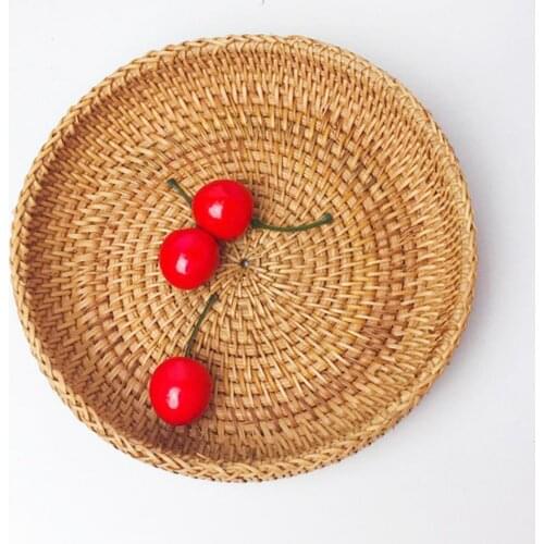 Rattan Hand Woven Round High Wall Severing Tray Food Storage Platters Plate with Handles for Breakfast, Drinks, Snack for Coffee