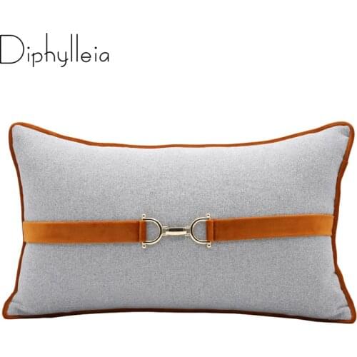 Diphylleia Luxury Designer Rectangular 30x50cm Pillow Cushion Cover Equestrian Buckle Horsebit Woven Tan Grey Design