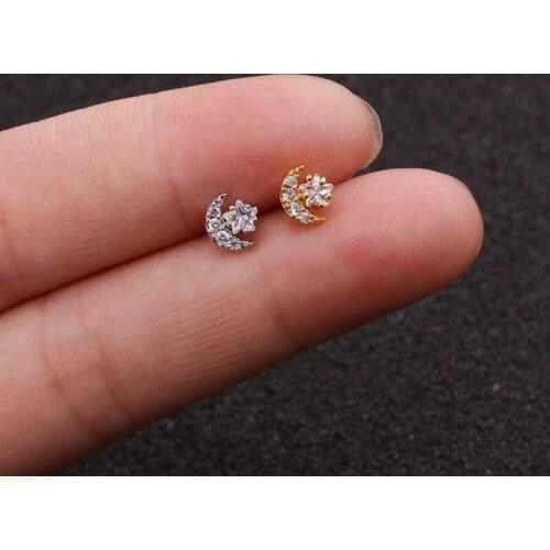 16G Stainless Steel Moon Zircon Helix Ear Cartilage Earrings Tragus Piercing Jewellery