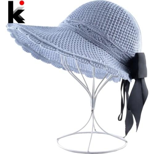 Womens Ponytail Cap Solid Color Sun Hats For Ladies Wide Brim Beach Vacation Straw Hat Foldable Bow-knot Casual Floppy Cap