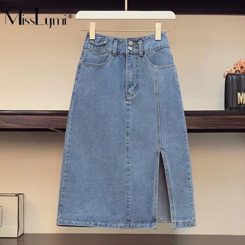 Blue Women Vintage Denim Skirt Summer 2021 Korean Fashion Plus Size Solid Casual Loose Ladies Party High Waist Split Midi Skirts