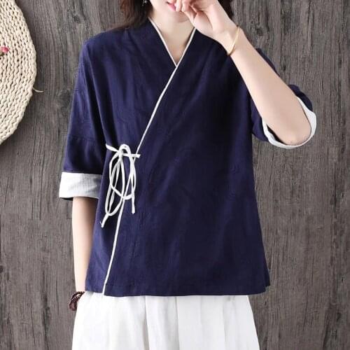 Traditional Chinese Clothing Women Tops And Blouses Cotton Summer 2020 Literary Tea Tshirt Vintage Kung Fu Clothes 10075