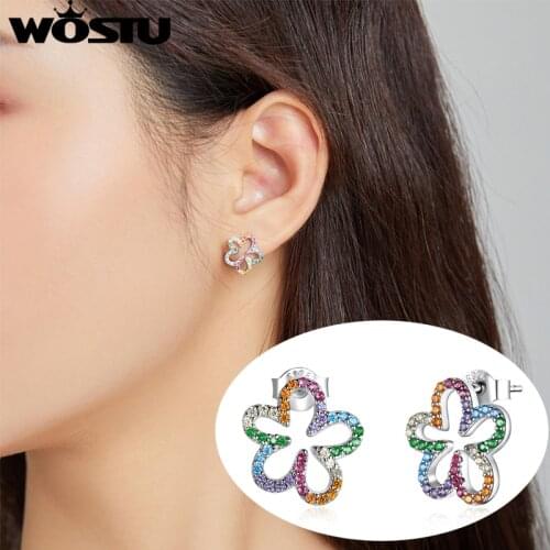 WOSTU Seven-Colored Flower Earrings 925 Sterling Silver Colorful Lucky Rainbow For Girl Women Gift Fine Fashion Jewelry BNE487