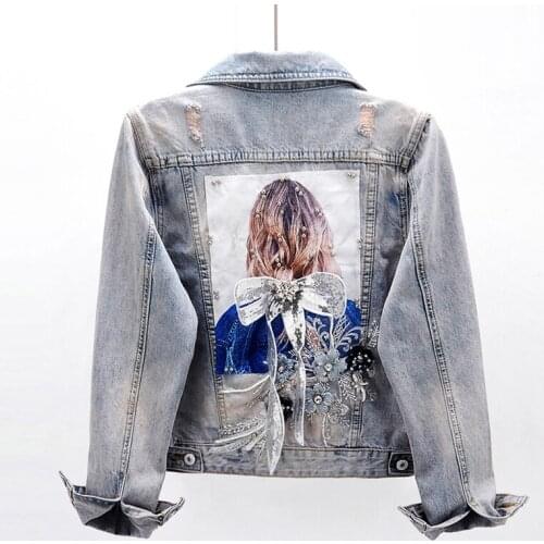 2021 Spring Autumn Fashion Beading Diamond Flower Denim Jacket Women Big Size Slim Frayed Jeans Jacket Female Casual Streetwear
