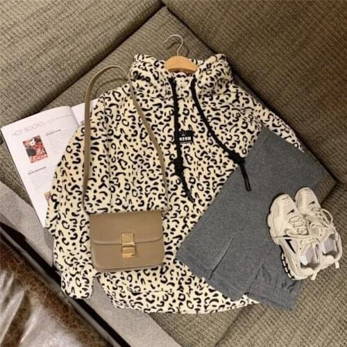 Women Sets Flannel Leopard Hooded Pullover Solid Pants Side-slit Loose Slim Big Size 2XL Streetwear Korean Fashion Thicken Warm
