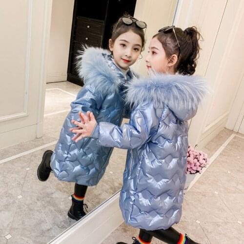 Winter Jacket For Girls Casual Childrens Outerwear Hooded Warm Coat Solid Big Fur Collar Long Padded Cotton Parkas 2021 New