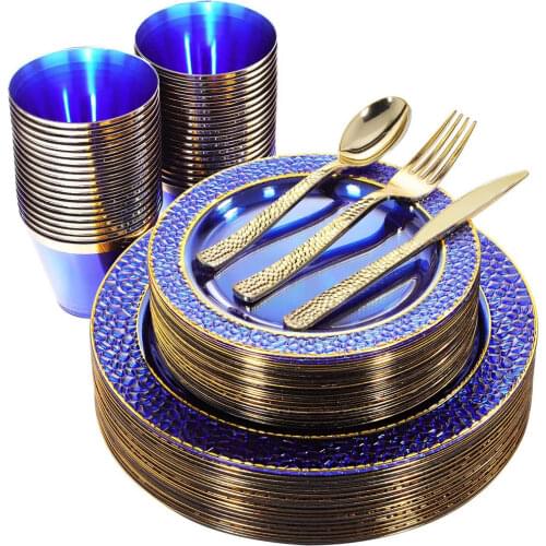 150 Pcs Transparent Plastic Plate Disposable Cutlery Set With Golden Frame and Golden Plastic Silverware Wedding Party Supplies