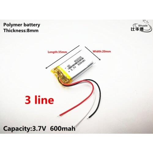 3 line Liter energy battery Good Qulity 3.7V,600mAH,802035 Polymer lithium ion / Li-ion battery for TOY,POWER BANK,GPS,mp3,mp4