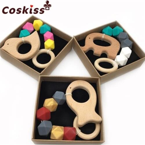 3 Pieces/lot Custom Organic Wood Animal Play Gym Toy Teething Toy Baby Teether Silicone Toys