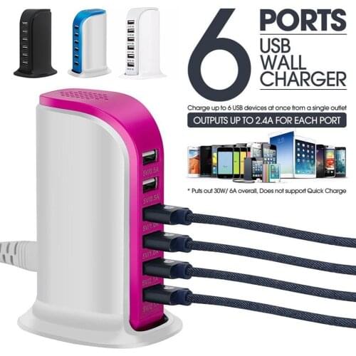 6 Ports USB Hub Charger 6A Rapid Charging Station Desktop Travel Power Socket EU/US Plug Mobile Phone Tablet Charging Station