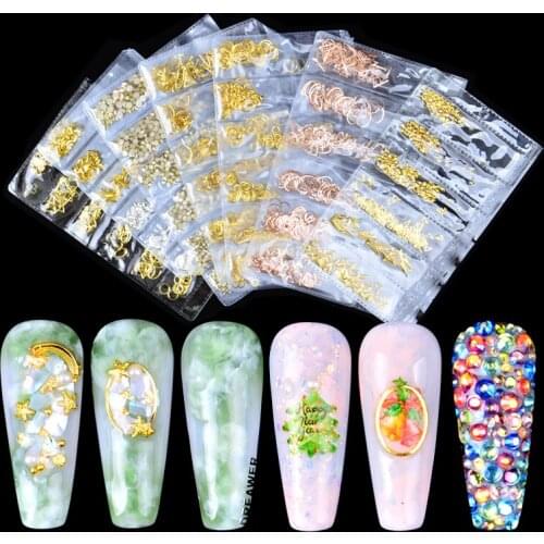 6 grid/Bag Mix Hollow Metal Frame Nail Art Decorations Gold Rivet Nail Stickers Manicure Accessorries Nail Slider DIY