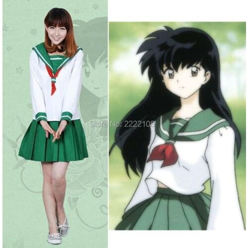 Anime Inuyasha Higurashi Kagome Cosplay Costumes Girls School Uniform Whole Set (Top + Skirt + Scarf) Womens Dress Sailor Suits