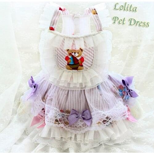 Free Shipping Handmade Dog Clothes Adorable Bear Bow Lolita Pet Princess Dress Lace Layers Skirt Outfit Poodle Maltese Yorkie