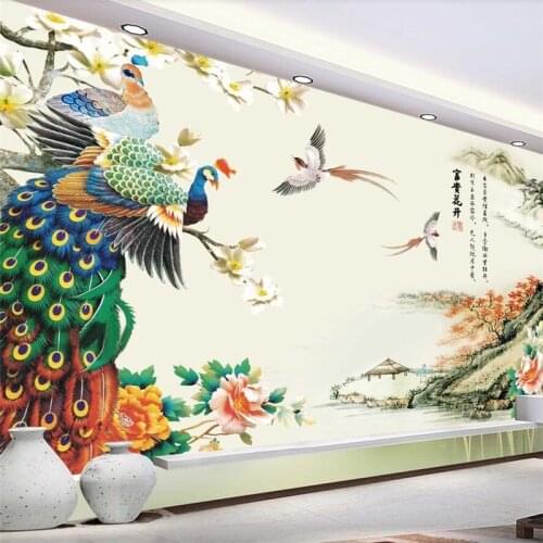 Wellyu One hundred birds Chaofeng Peacock Ink landscape TV backdrop Custom Large mural Environmental wallpaper mural