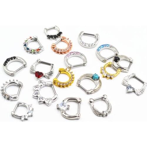 50pcs 16g~1.2mm Hot Clicker Nose Hoop Septum Jewerly CZ Nose Ring body piercing jewelry Mix Styles Surgical Steel Bar
