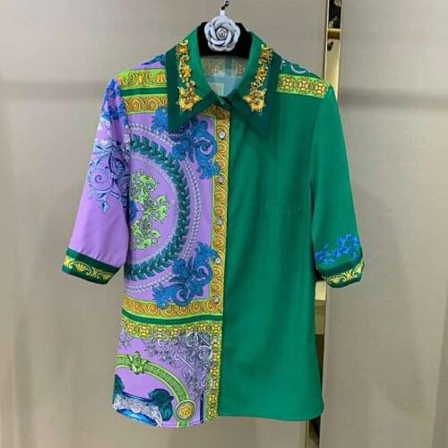 Fashion 2 Pieces Runway High Quality Half Sleeve Beading Sequined Blouse+Midi Pleated Skirts Flower Print Sets