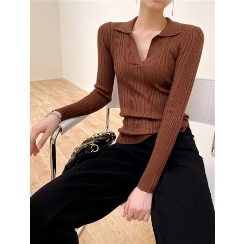 Fashion Ribbed Sweater Women Pullovers Sexy V-Neck Slim Knit Tops Black Brown Casual Streetwear Back to Basic Japanese Korean