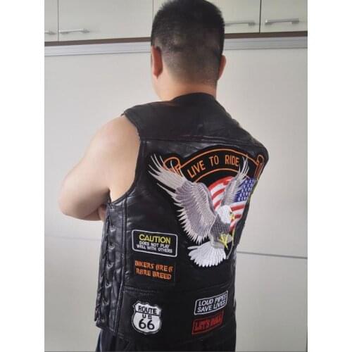 BONJEAN Brand Mens Genuine Leather Motorcycle Vest With14 Patches US Flag Eagle Biker Vests High Quality Sheepskin US S-4XL