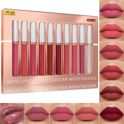 10Pcs Matte Liquid Lipstick Set Long Lasting Non-stick Cup Lip Gloss Suit High Pigments Lip Glaze Kit for Women And Girls