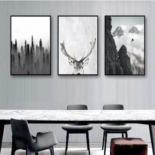 Wall Art Print Minimalist Painting Living Room Picture Scandinavian Forest Deer Eagle Black White Landscape Canvas Poster Nordic