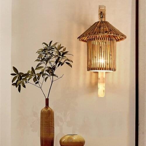 Japanese Style Wall Lamp Bamboo Woven Wooden Restaurant Bar Retro Bedroom Wall Lamps Wall Deco Lamps E27 Bulb Light Fixtures