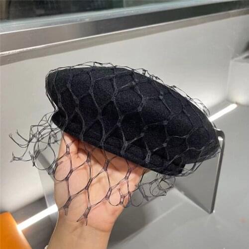 202108-wei NEW spring autumn black wool mesh grace lady beret hat women Leisure painter hat