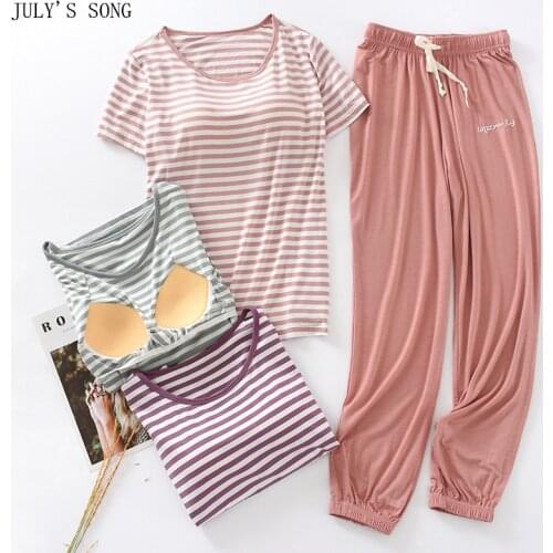 JULYS SONG New 2pcs Women Pajamas Casual Modal Short Sleeve Sleepwear Pajama Set Striped Shirt Summer Cool Pyjama Suit Female