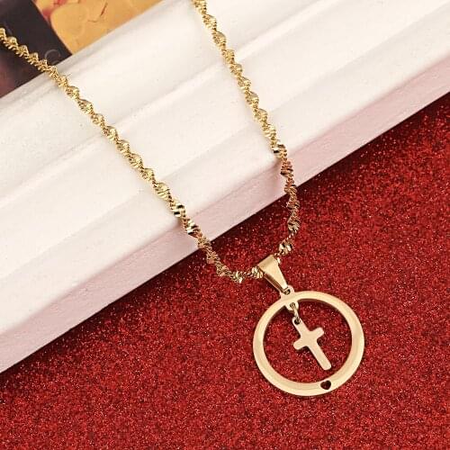Stainless Steel Trendy Round Cross Pendant Necklace Gold Color Jesus Heart Cross Chain Jewelry