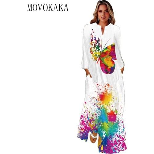 MOVOKAKA White Print Dress Women Autumn Winter Elegant Casual Long Sleeve Loose Long Dresses Woman Party V Neck Maxi Dress Women